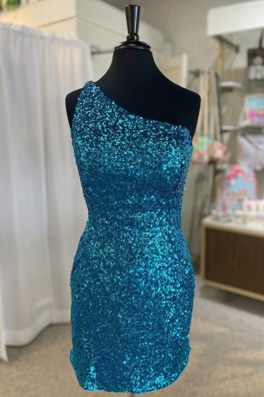 Homrain Sparkly Sequined One Shoulder Tight Short Homecoming Dress | Blue Hoco Dresses