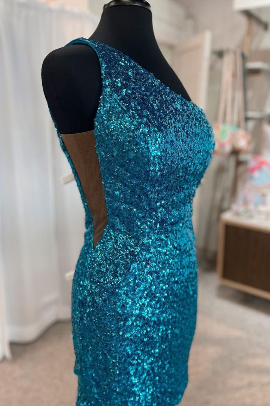 Homrain Sparkly Sequined One Shoulder Tight Short Homecoming Dress | Blue Hoco Dresses