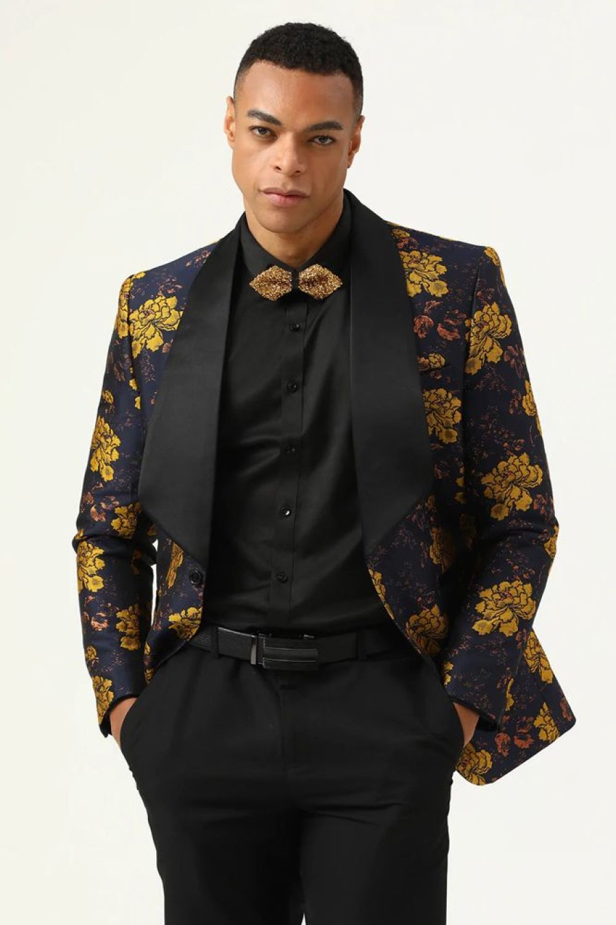 Homrain Yellow Flower Shawl Lapel Jacquard Men'S Prom Blazer | Men Blazers