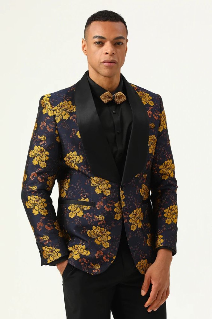 Homrain Yellow Flower Shawl Lapel Jacquard Men'S Prom Blazer | Men Blazers