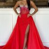 Homrain Glitter Mermaid Long Corset Prom Dress With Slit | Red Prom Dresses