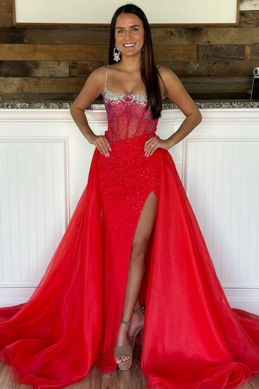 Homrain Glitter Mermaid Long Corset Prom Dress With Slit | Red Prom Dresses