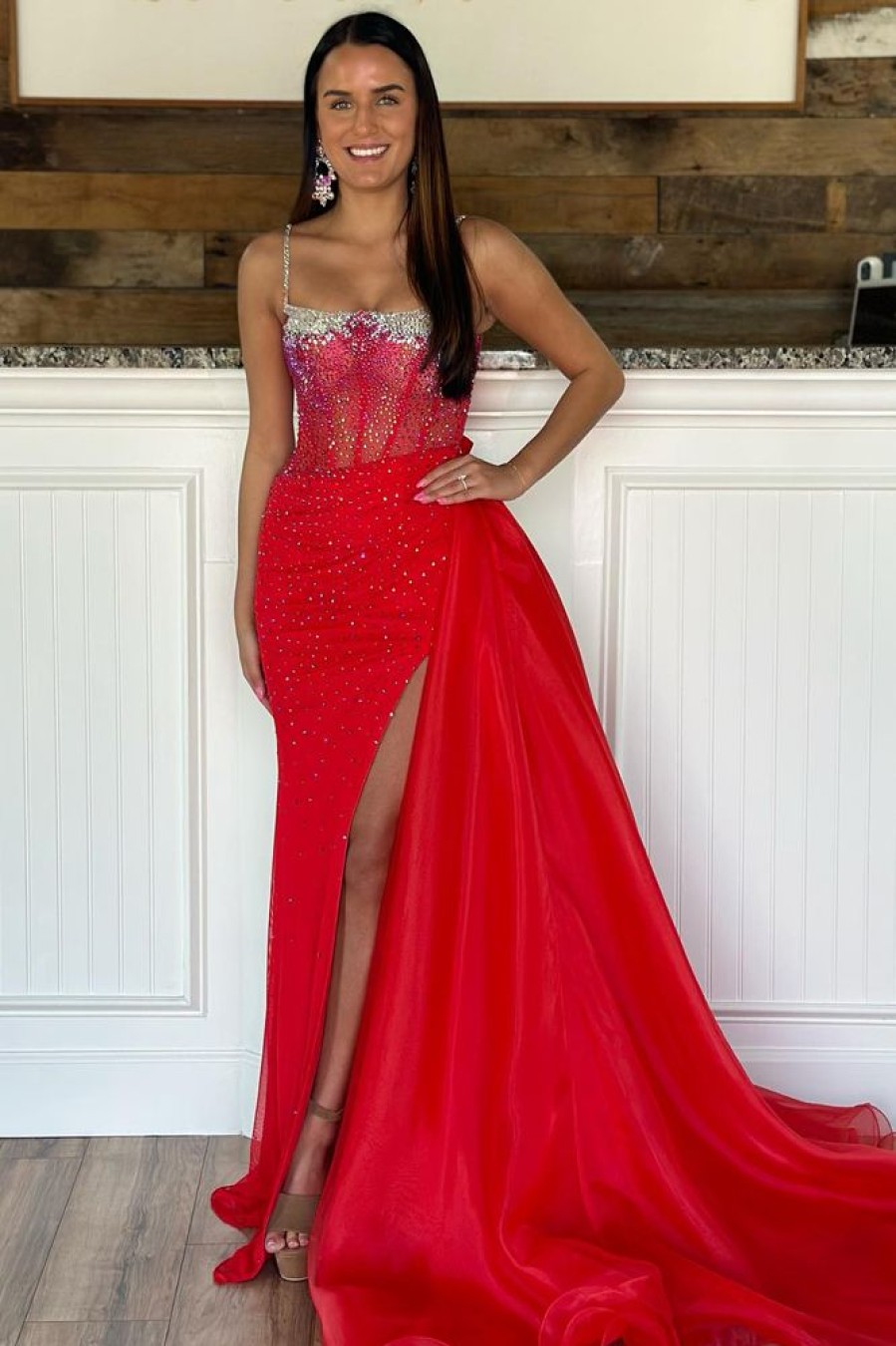 Homrain Glitter Mermaid Long Corset Prom Dress With Slit | Red Prom Dresses