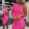 Homrain Sparkly One Shoulder One Sleeve Tight Homecoming Dress With Fringes | Hot Pink Hoco Dresses