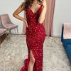 Homrain Sparkly Mermaid Sequins Long Prom Dress With Slit | Red Prom Dresses