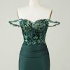 Homrain Unique Sheath Off The Shoulder Short Homecoming Dress With Appliques | Green Hoco Dresses