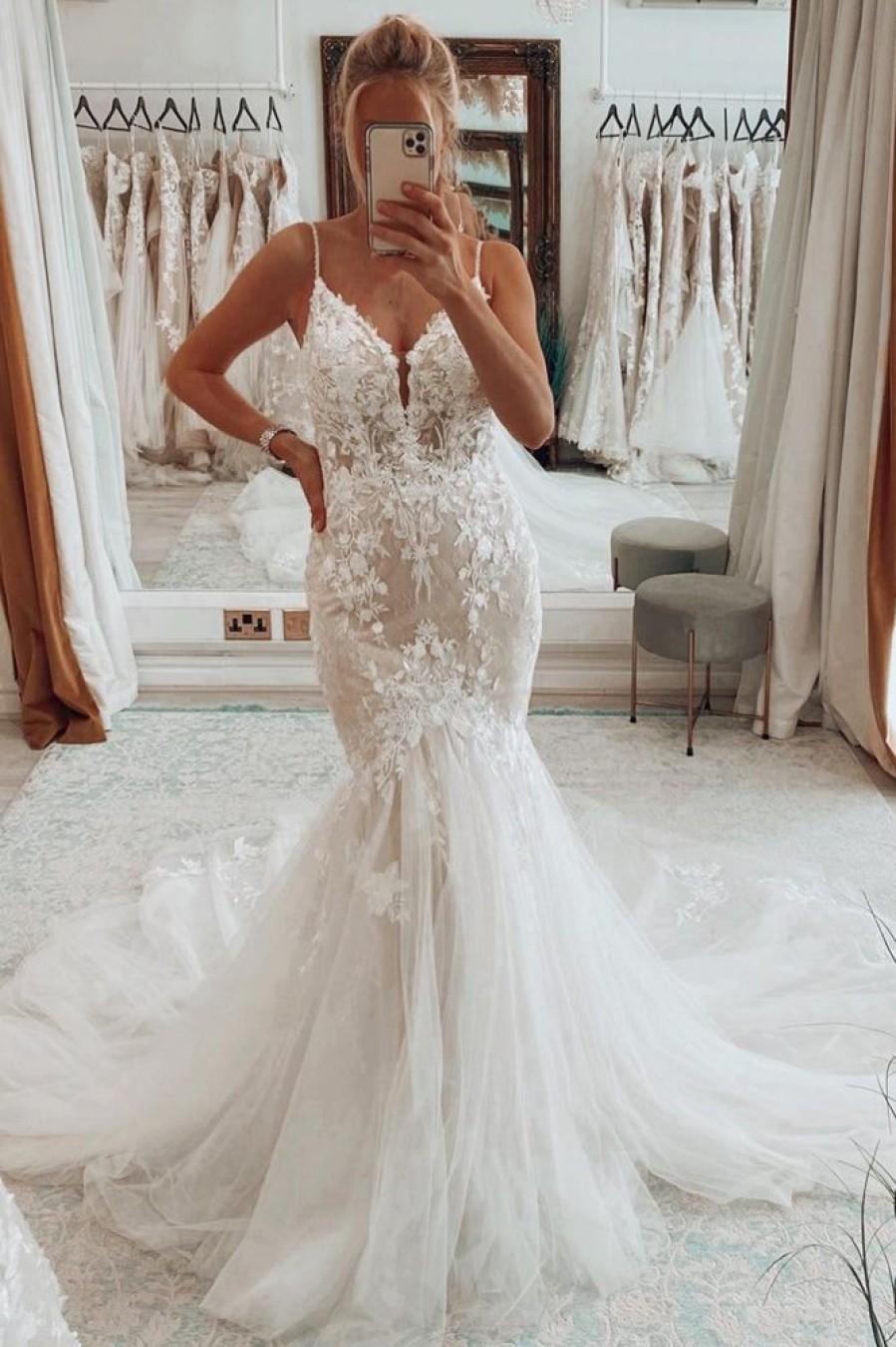 Homrain Mermaid Tulle Spaghetti Straps Long Wedding Dress | Mermaid Wedding Dresses