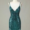 Homrain Sparkly Bodycon Spaghetti Straps Green Lace-Up Back Short Homecoming Dress With Beading | Green Hoco Dresses