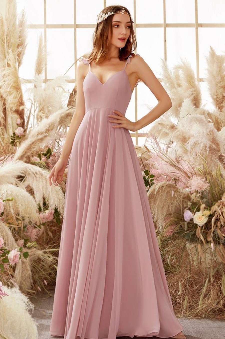 Homrain Blush Spaghetti Straps Chiffon Bridesmaid Dress | Boho Bridesmaid Dresses