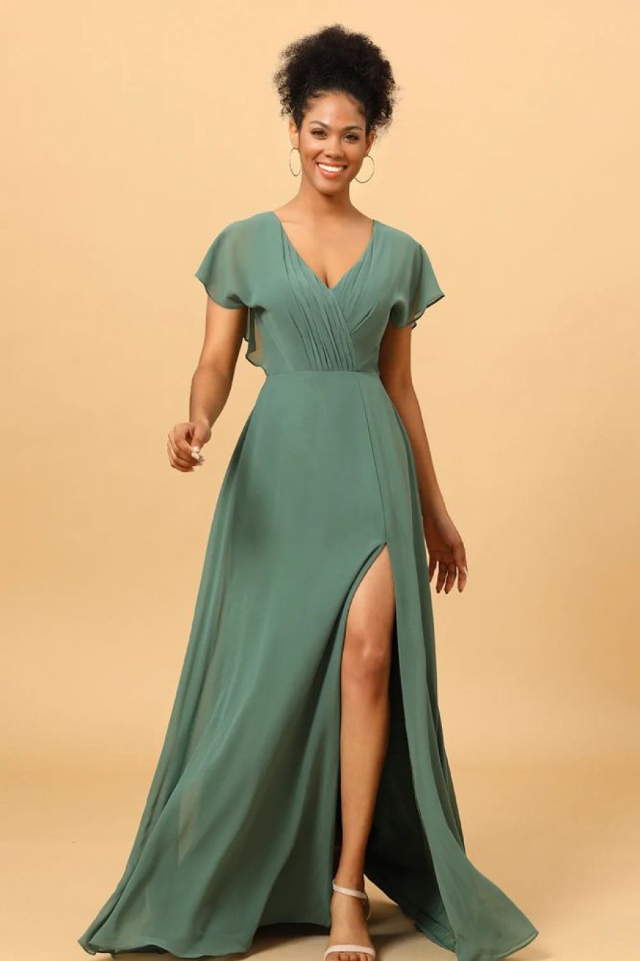 Homrain Chiffon A-Line Green Bridesmaid Dress With Slit | Sage Green Bridesmaid Dress