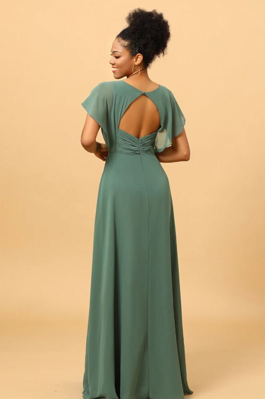 Homrain Chiffon A-Line Green Bridesmaid Dress With Slit | Sage Green Bridesmaid Dress