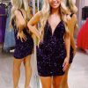 Homrain Sparkly Sequins Homecoming Dress With Open Back | Purple Hoco Dresses