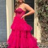 Homrain Sparkly Tulle Tie Corset Long Prom Dress With Lace | Hot Pink Prom Dresses