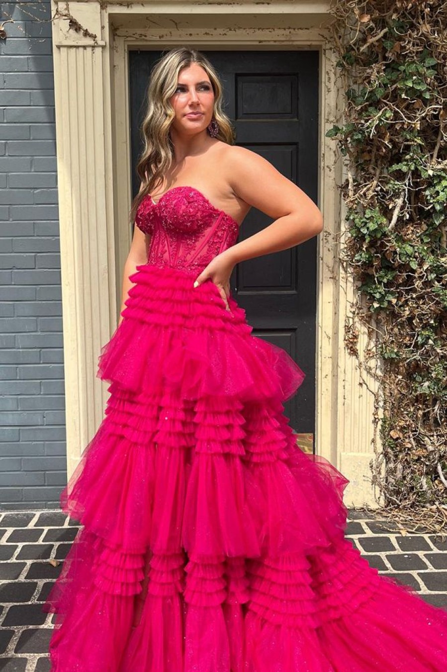 Homrain Sparkly Tulle Tie Corset Long Prom Dress With Lace | Hot Pink Prom Dresses