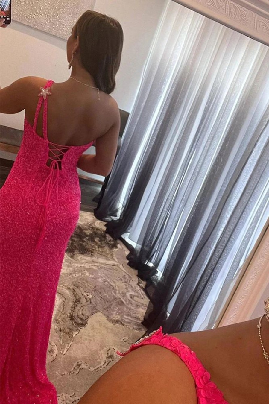 Homrain Stars Sequins Prom Dress | Hot Pink Prom Dresses