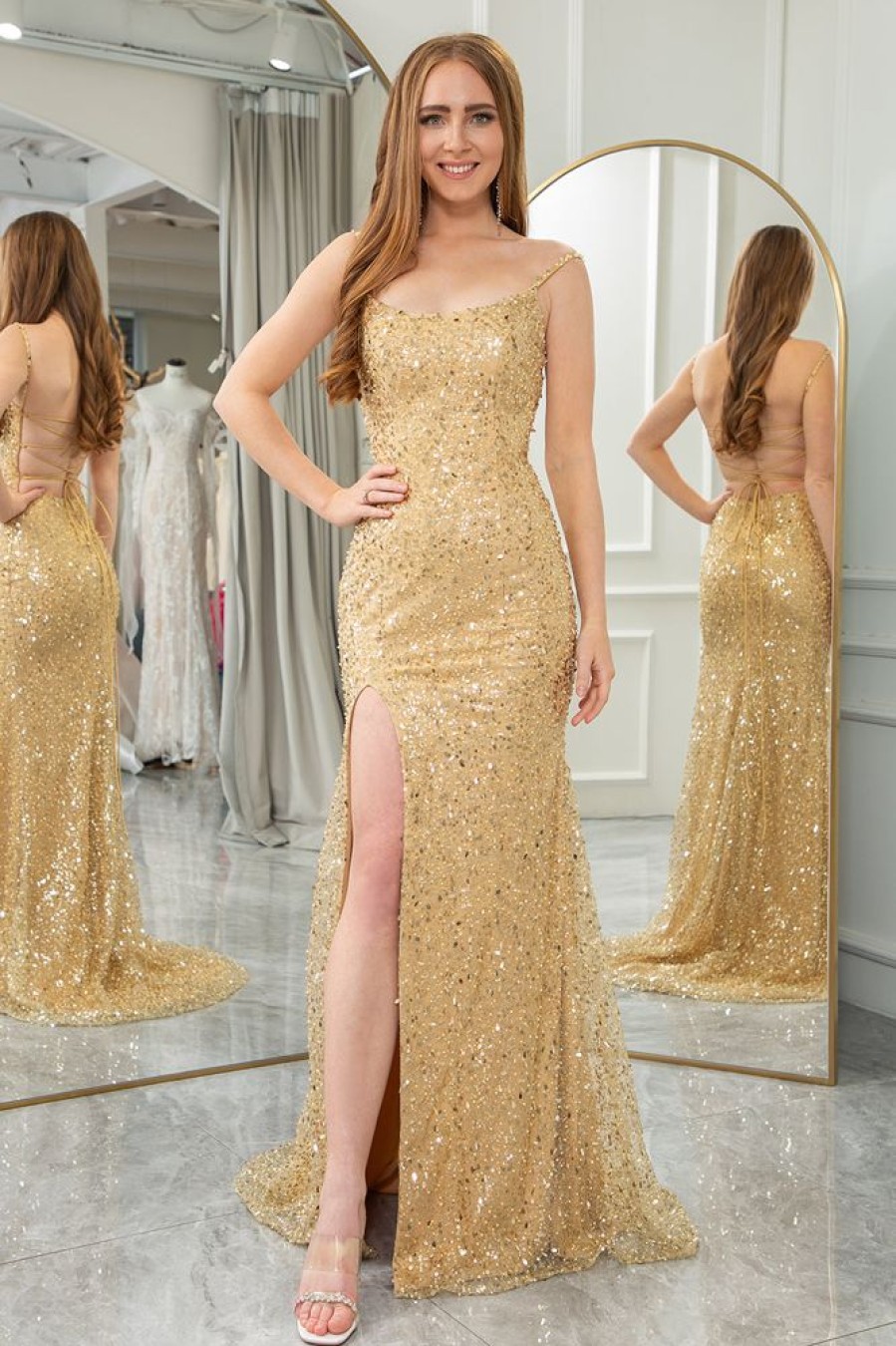 Homrain Glitter Mermaid Backless Long Prom Dress With Slit | Gold Prom Dresses