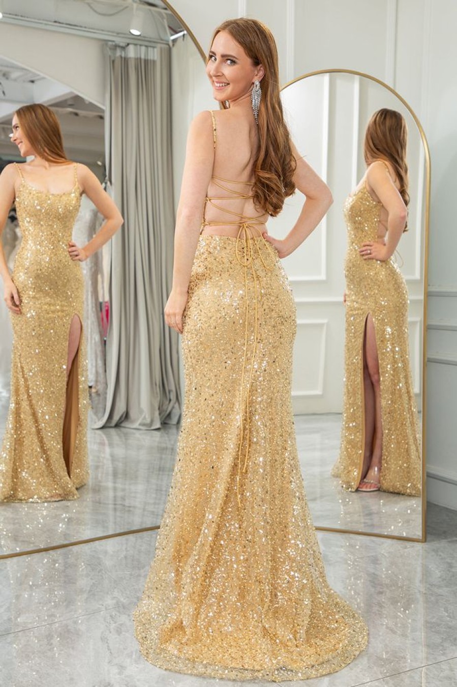 Homrain Glitter Mermaid Backless Long Prom Dress With Slit | Gold Prom Dresses