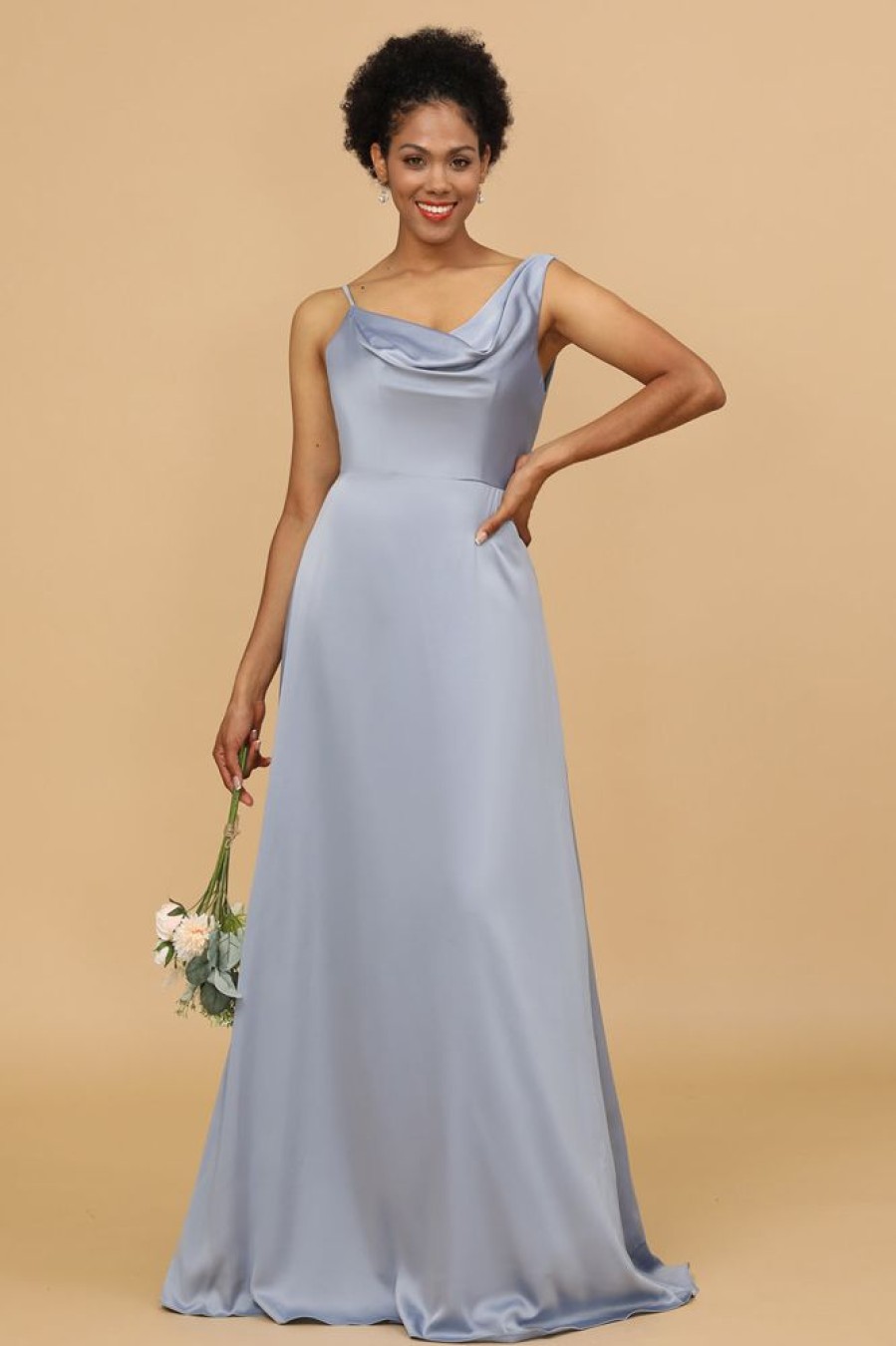 Homrain A Line Asymmetrical Neck Satin Long Bridesmaid Dress | Bridesmaid Dresses