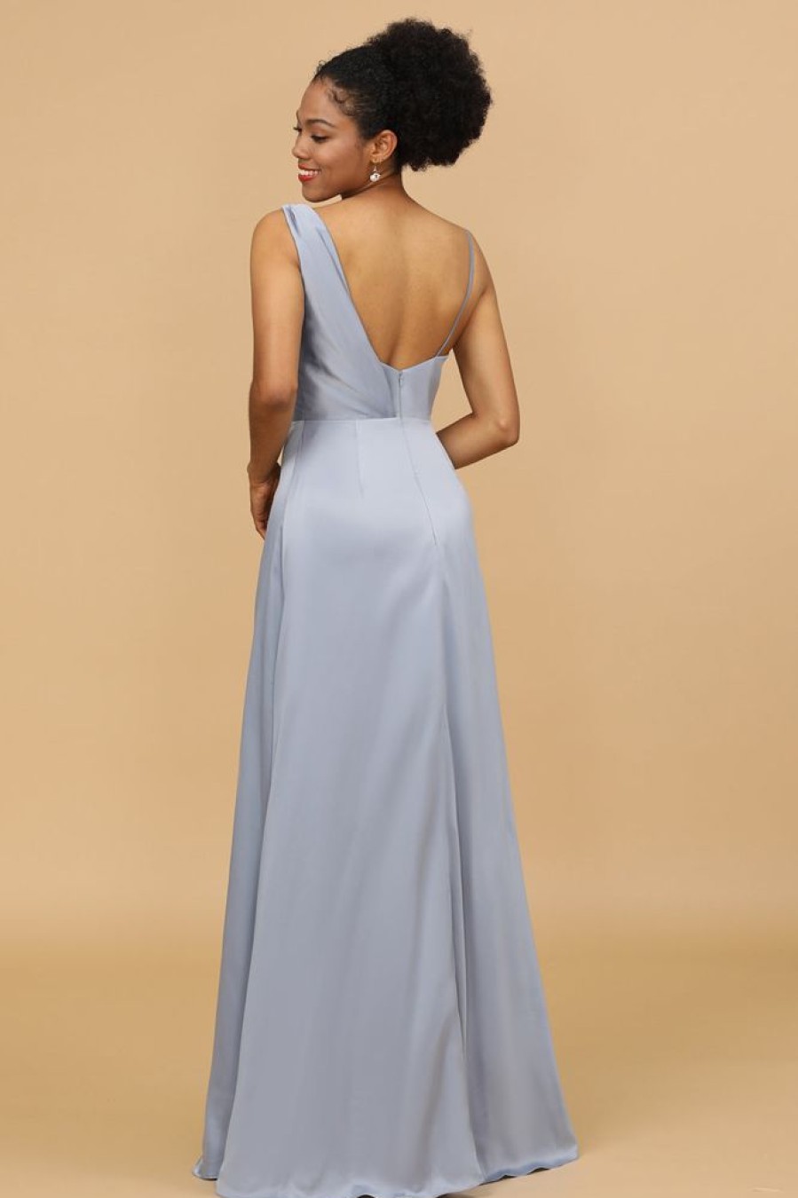 Homrain A Line Asymmetrical Neck Satin Long Bridesmaid Dress | Bridesmaid Dresses