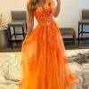 Homrain Sweetheart Long Prom Dress With Appliques | Orange Prom Dresses