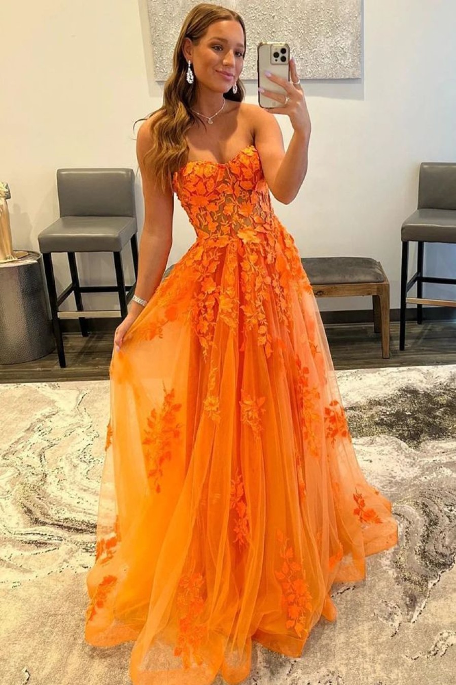 Homrain Sweetheart Long Prom Dress With Appliques | Orange Prom Dresses