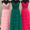 Homrain A-Line Tiered Tulle Long Prom Dress With Lace | Green Prom Dresses