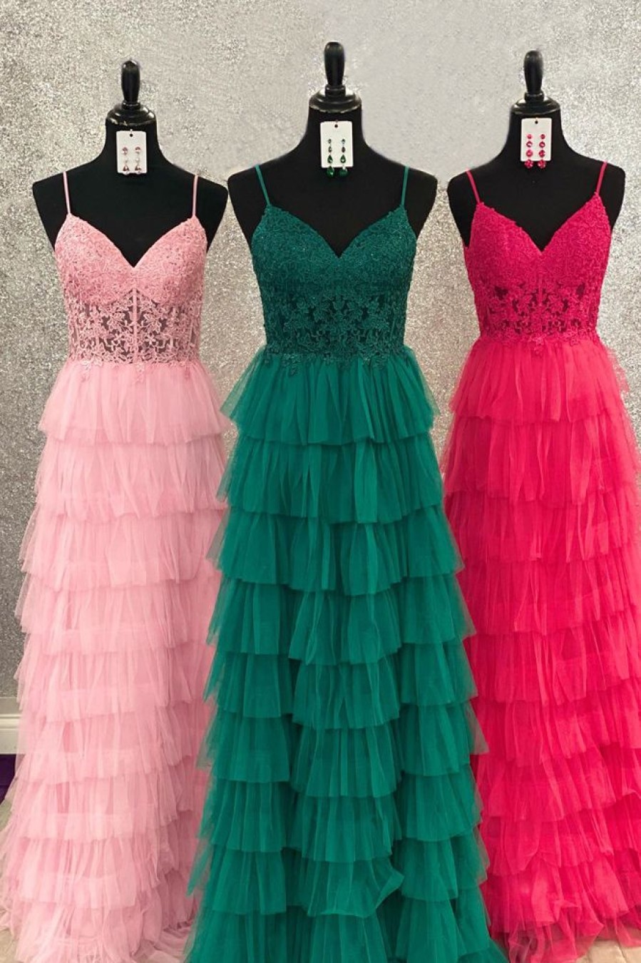 Homrain A-Line Tiered Tulle Long Prom Dress With Lace | Green Prom Dresses