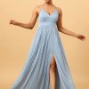 Homrain Dusty Blue A-Line Long Chiffon Bridesmaid Dress With Slit | Boho Bridesmaid Dresses