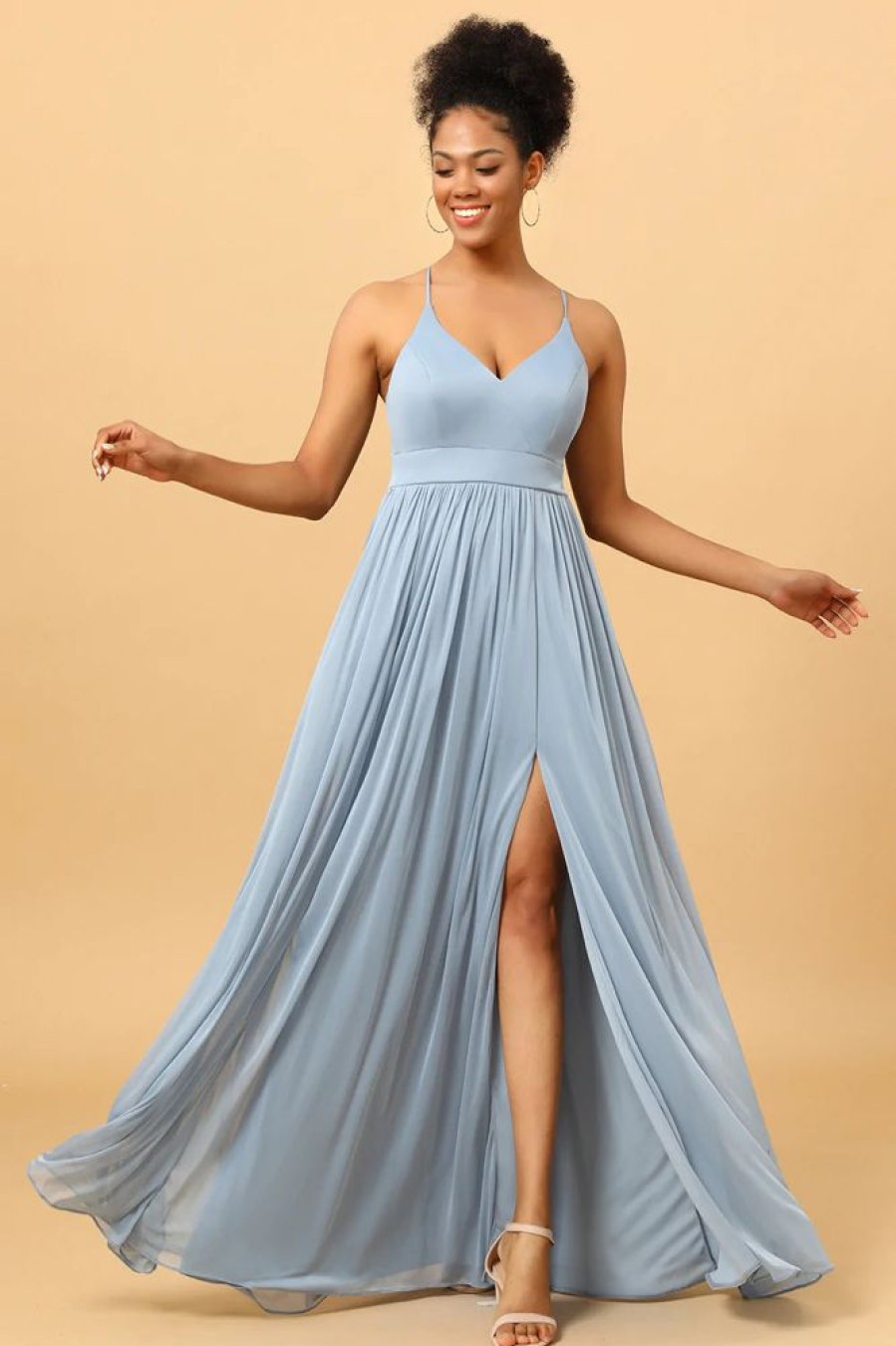 Homrain Dusty Blue A-Line Long Chiffon Bridesmaid Dress With Slit | Boho Bridesmaid Dresses