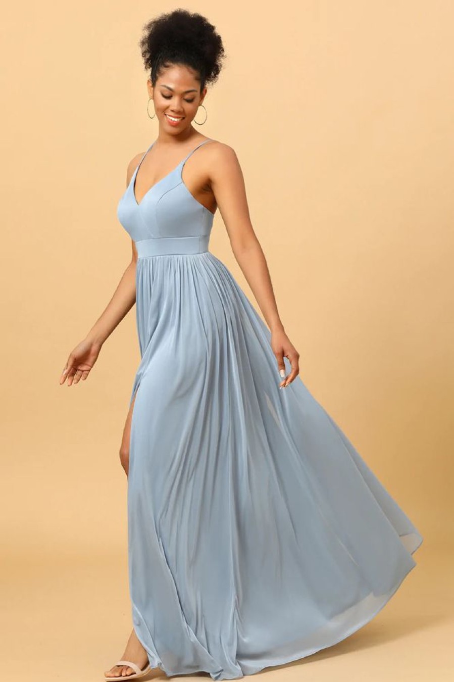 Homrain Dusty Blue A-Line Long Chiffon Bridesmaid Dress With Slit | Boho Bridesmaid Dresses