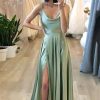 Homrain A Line Spaghetti Straps Long Prom Dress With Silt | Green Prom Dresses