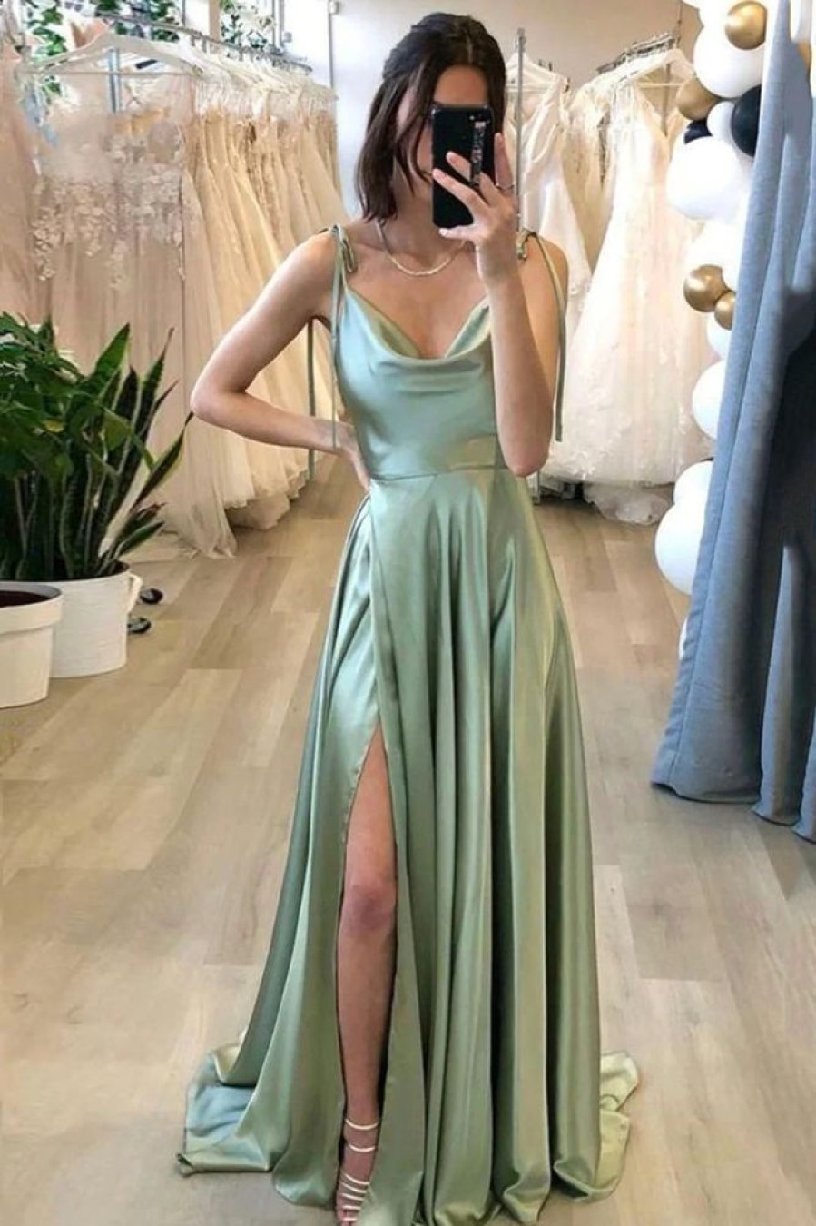 Homrain A Line Spaghetti Straps Long Prom Dress With Silt | Green Prom Dresses