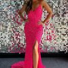 Homrain Mermaid Spaghetti Straps Hot Pink Long Prom Dress With Split Front | Hot Pink Prom Dresses