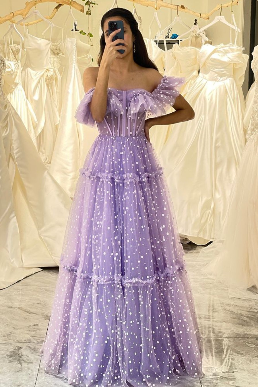 Homrain Tulle A Line Off The Shoulder Long Corset Prom Dress | Purple Prom Dresses