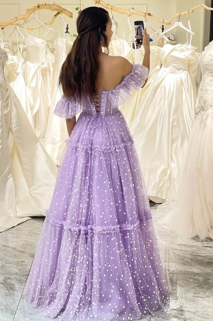 Homrain Tulle A Line Off The Shoulder Long Corset Prom Dress | Purple Prom Dresses