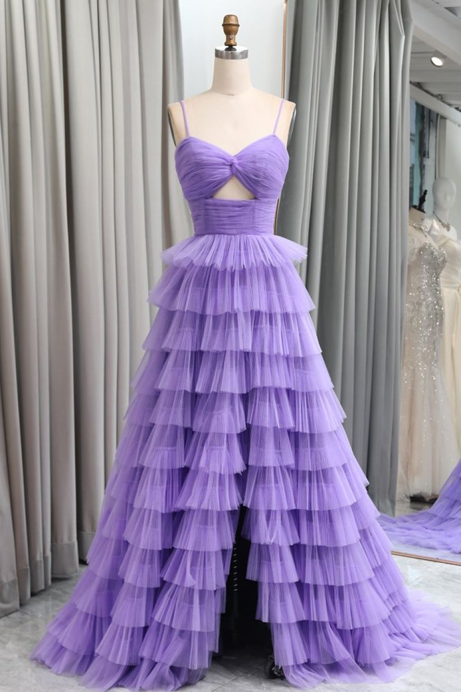 Homrain Tulle A Line Tiered Long Prom Dress With Front Slit | Purple Prom Dresses