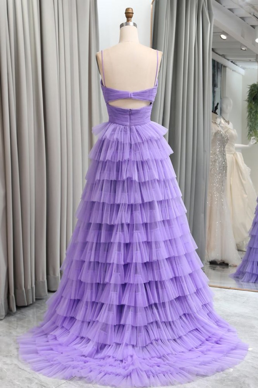 Homrain Tulle A Line Tiered Long Prom Dress With Front Slit | Purple Prom Dresses