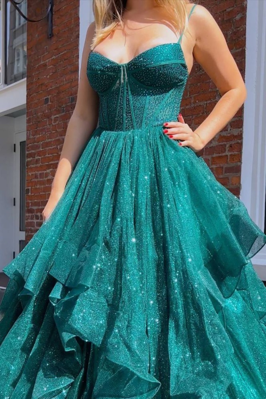 Homrain A Line Long Corset Prom Dress With Ruffles | Green Prom Dresses