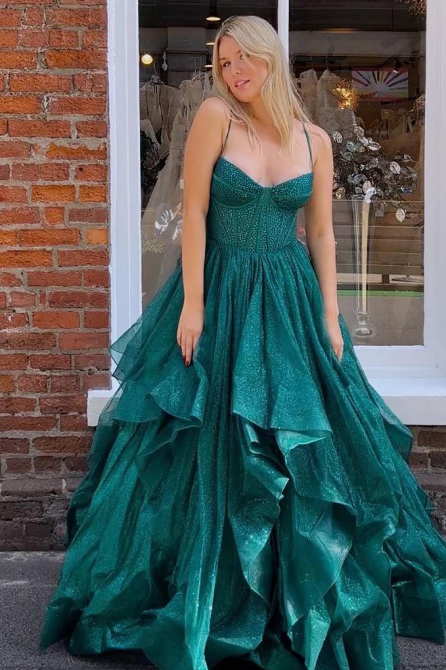 Homrain A Line Long Corset Prom Dress With Ruffles | Green Prom Dresses