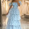 Homrain A Line Long Tiered Corset Prom Dress | Blue Prom Dresses