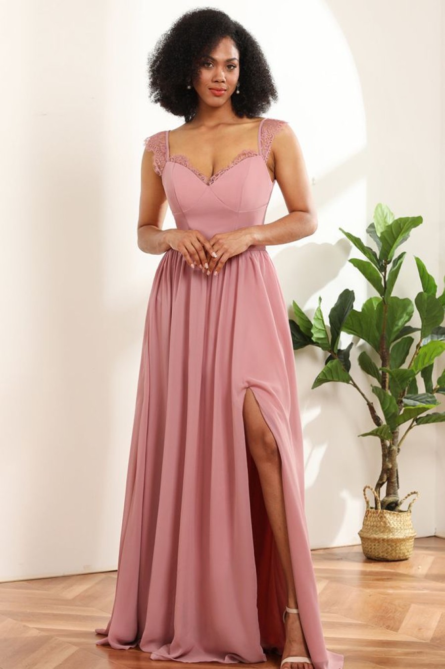 Homrain Long Chiffon Bridesmaid Dress With Lace | Dusty Rose Bridesmaid Dress