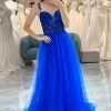 Homrain A Line Long Corset Prom Dress With Appliques | Blue Prom Dresses