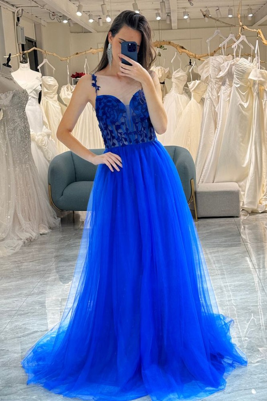 Homrain A Line Long Corset Prom Dress With Appliques | Blue Prom Dresses