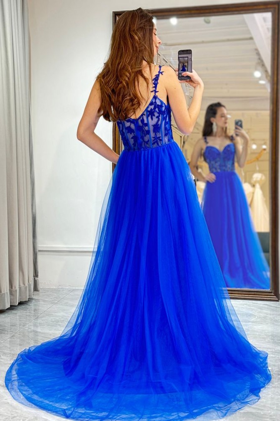 Homrain A Line Long Corset Prom Dress With Appliques | Blue Prom Dresses