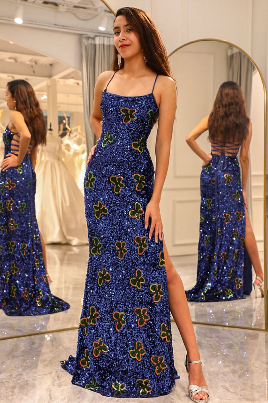 Homrain Sparkly Long Sequined Prom Dress With Slit | Blue Prom Dresses