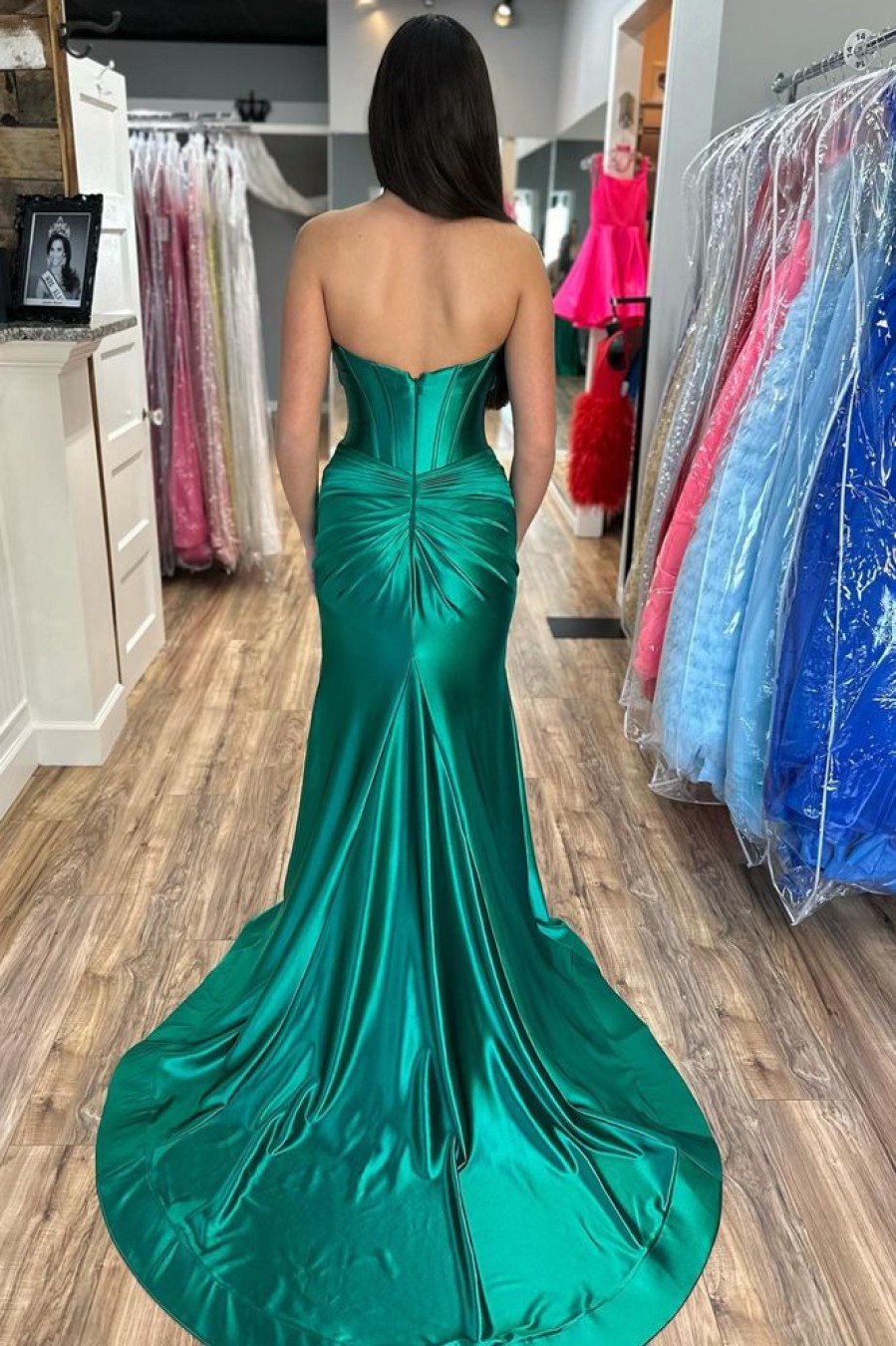 Homrain Mermaid Sweetheart Long Satin Prom Dress With Slit | Green Prom Dresses