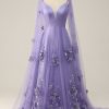 Homrain Purple Watteau Train Prom Dress With 3D Flowers | Purple Prom Dresses