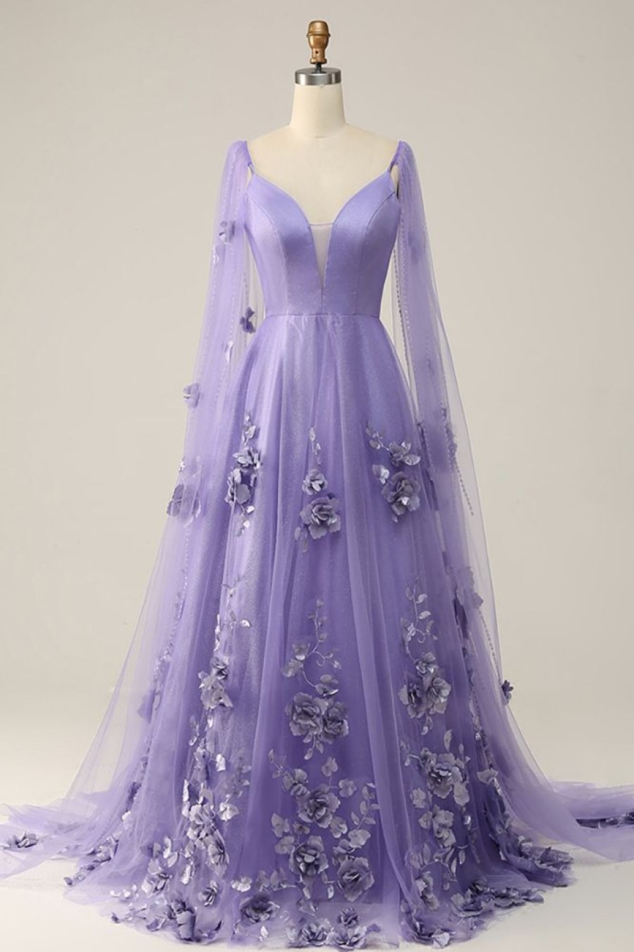 Homrain Purple Watteau Train Prom Dress With 3D Flowers | Purple Prom Dresses