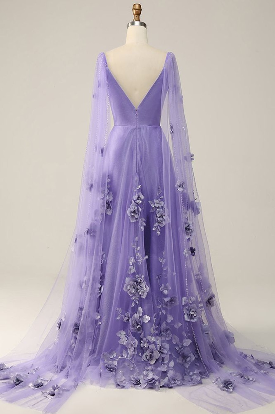 Homrain Purple Watteau Train Prom Dress With 3D Flowers | Purple Prom Dresses