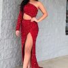 Homrain One Shoulder Sparkly Mermaid Sequins Long Prom Dress With Slit | Red Prom Dresses